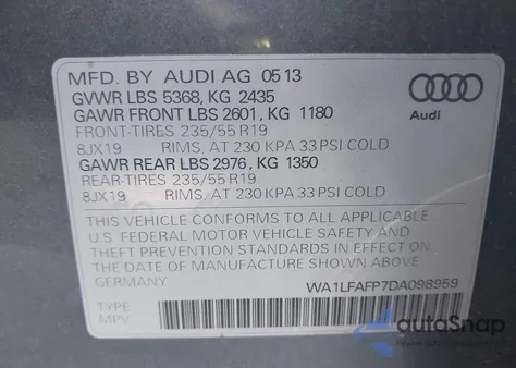 2013 Audi Q5 2.0T Premium из США, поврежденный, VIN WA1LFAFP7DA098959